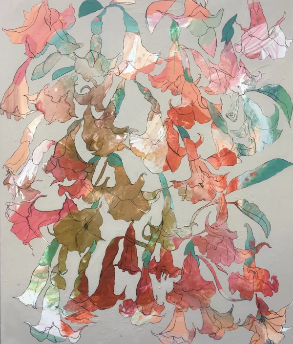 Engelstrompeten II, 130 x 110 cm, Acryl und Kohle auf Leinwand, 2020, verkauft