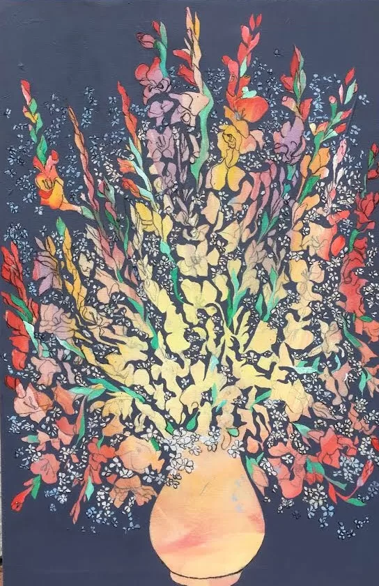 Gladiolen, 93 x 60 cm, Acryl und Kohle auf Leinwand, 2019, verkauft