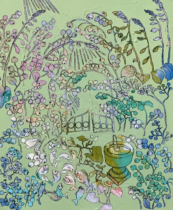 Blaubeergarten, Acryl und Kohle auf Leinwand, 60 x 50 cm, 2022