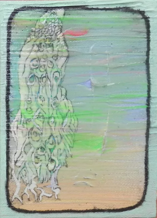 Pfau, 18 x 13 cm, Mischtechnik auf Leinwand, 2015