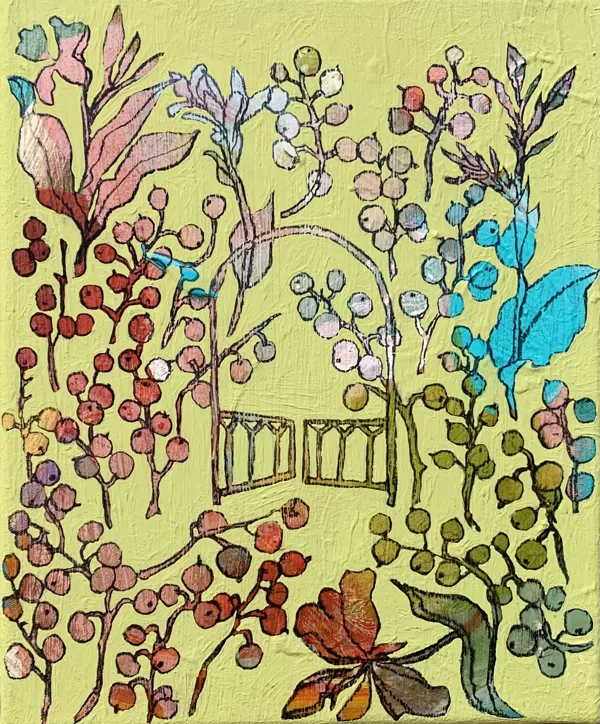 Beerengarten, Acryl und Kohle auf Leinwand, 30 x 25 cm, 2022, verkauft