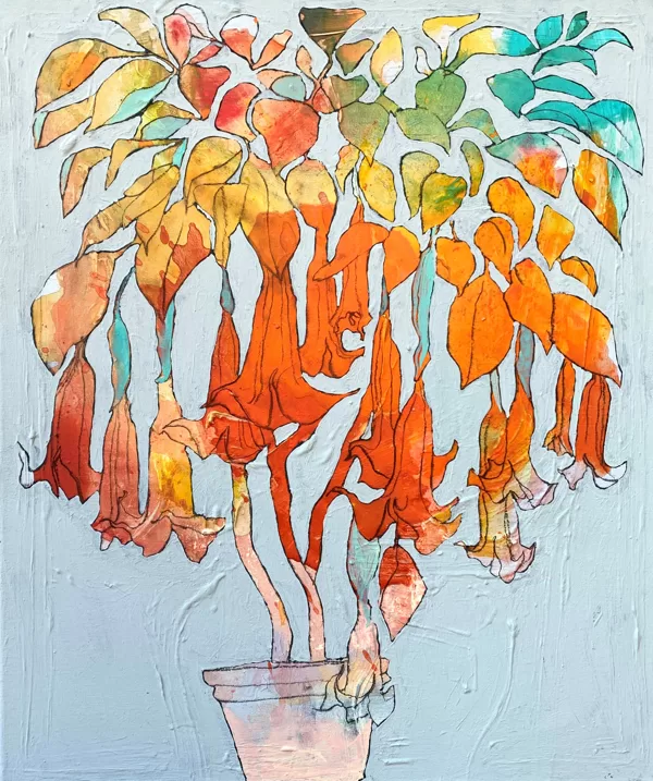 Engelstrompeten II, 60 x 50 cm, Acryl und Kohle auf Leinwand, 2022