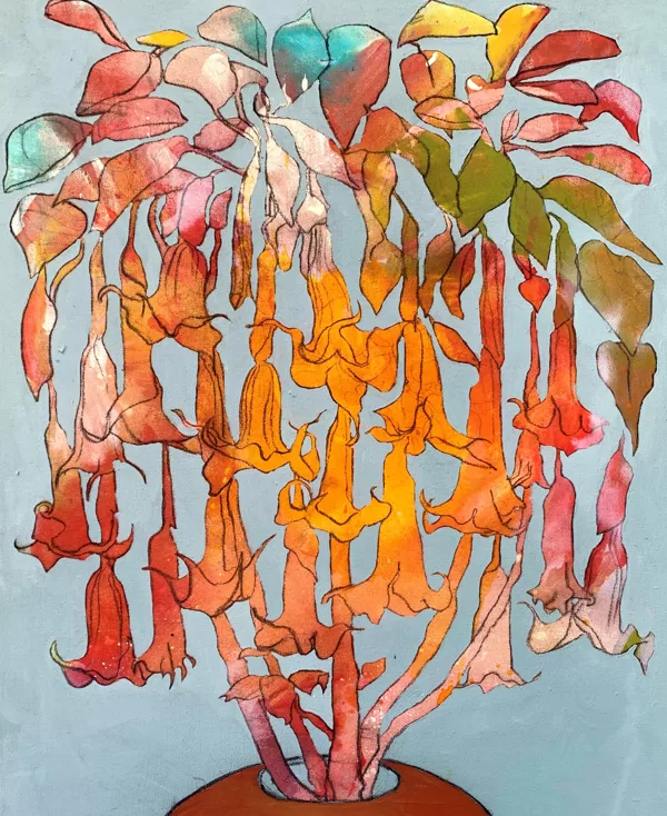Engelstrompeten II, 80 x 60 cm, Acryl und Kohle auf Leinwand, 2022, verkauft