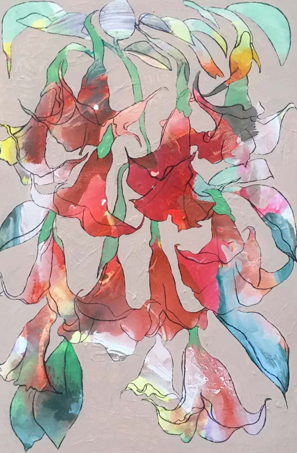Engelstrompeten, 90 x 62 cm, Acryl und Kohle auf Leinwand, 2020