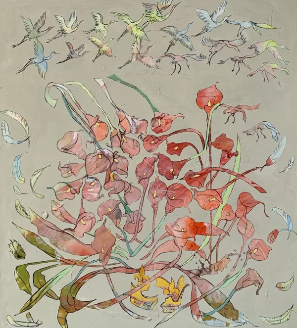 Flucht der Kraniche, 150 x 135 cm, Acryl und Kohle auf Leinwand, 2026
