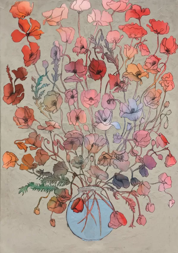 Mohn, 100 x 70 cm, Acryl und Kohle auf ungrundierter feiner Baumwolle, 2018, verkauft 