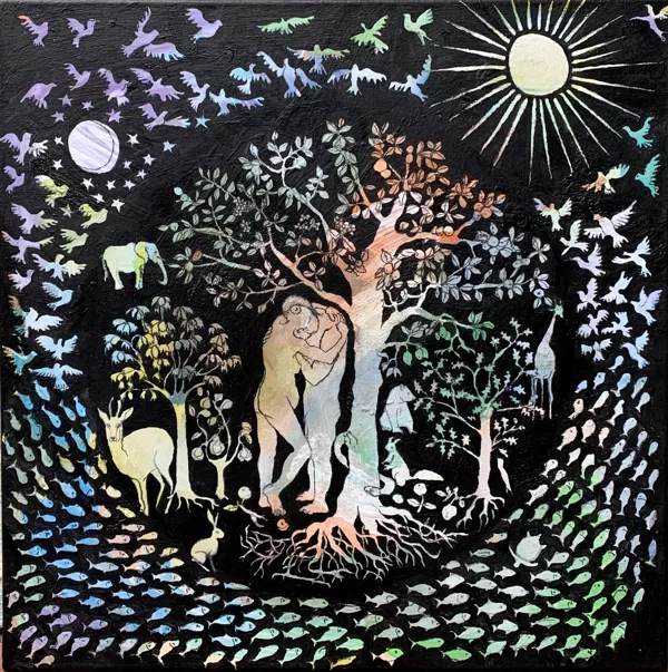 Schöpfung II, 60 x 60 cm, Acryl und Kohle auf Leinwand, 2021