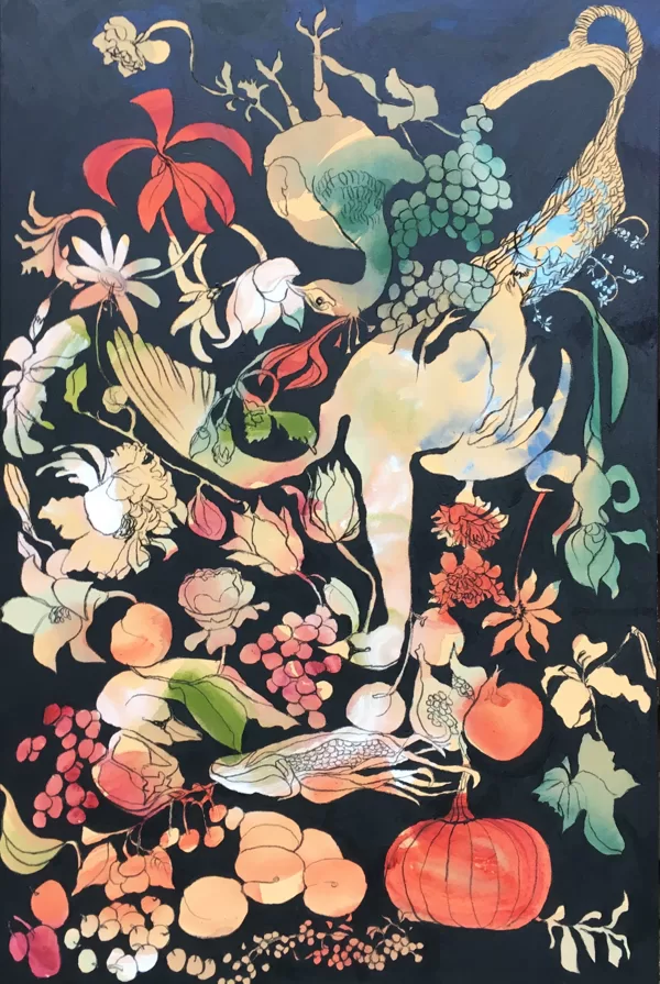 Stillleben I,135 x 90 cm, Acryl und Kohle auf Leinwand, 2017