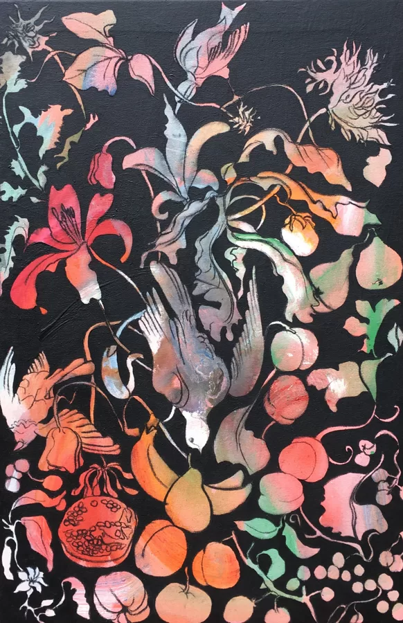 Stillleben, 80 x 75 cm, Acryl und Kohle auf Leinwand, 2018