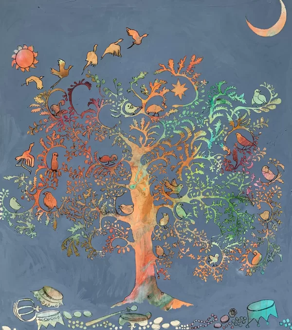 Vögel des Himmels, 150 x 135 cm, Acryl und Kohle auf Leinwand, 2023, verkauft